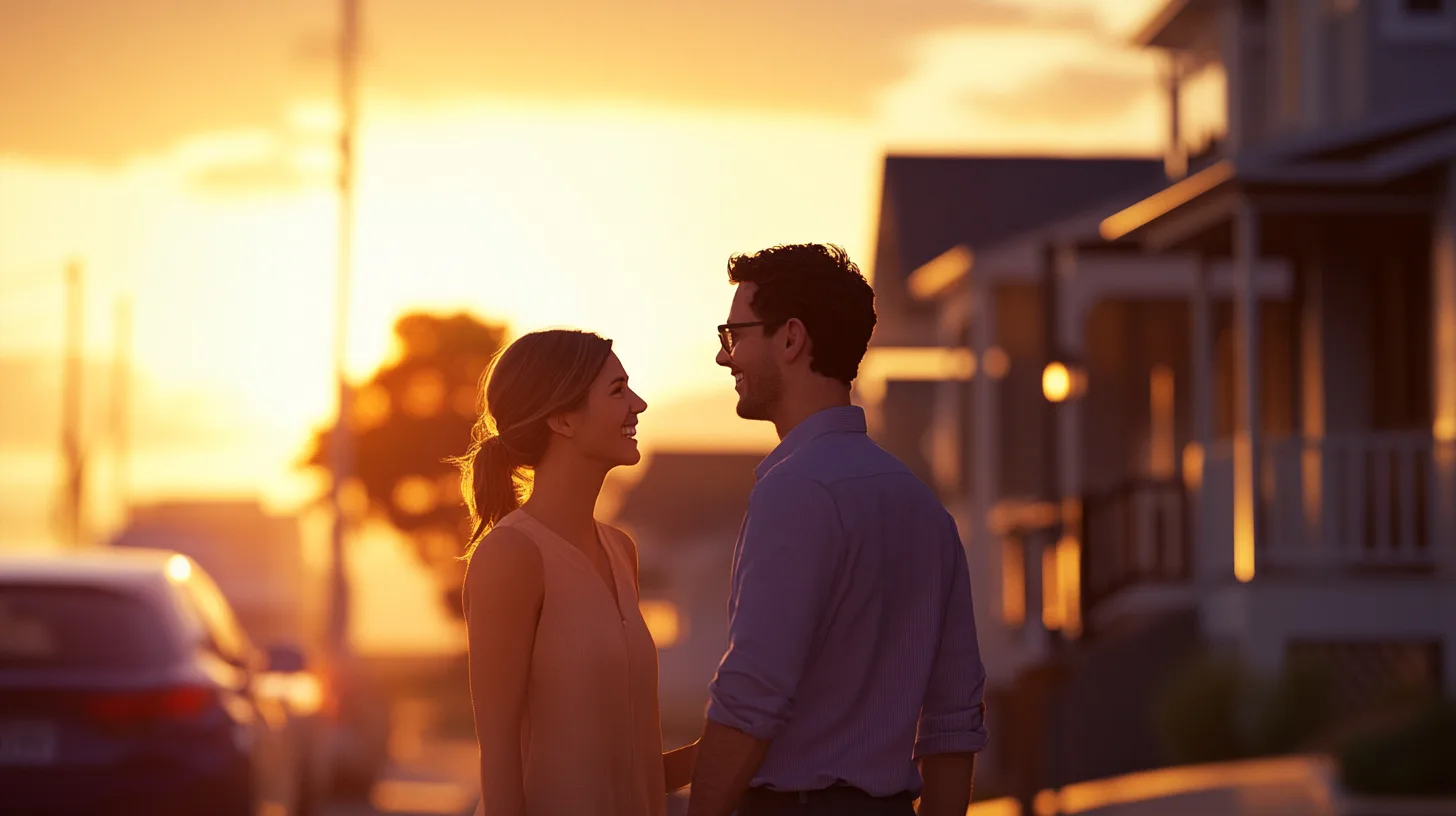 Real estate agents discussing properties with potential buyers during golden hour in Ocean Grove