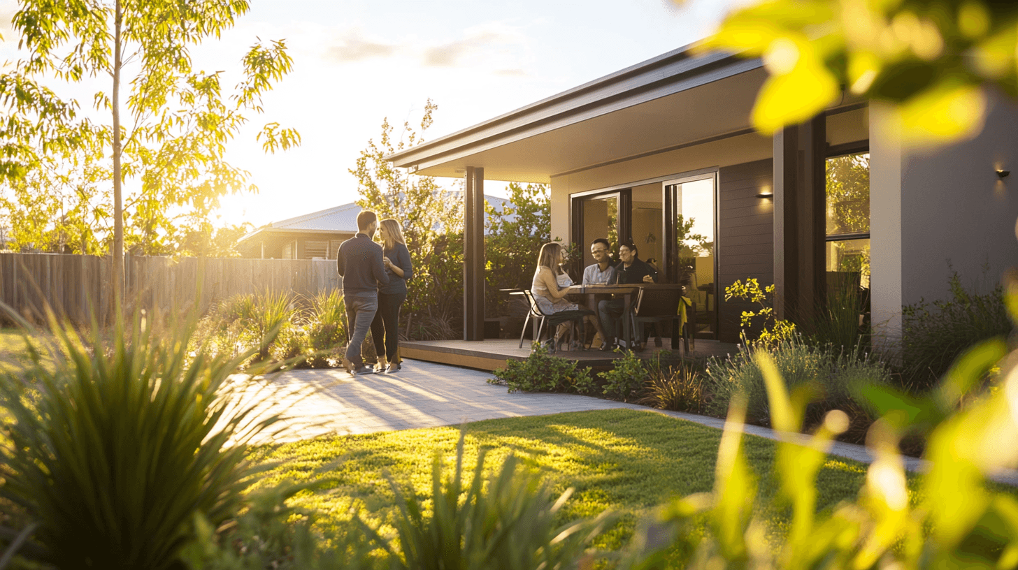 A modern coastal home surrounded by greenery with a family chatting happily outside