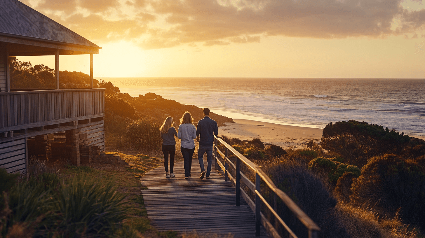 Real estate agents showing coastal property to clients during golden hour at a beach house