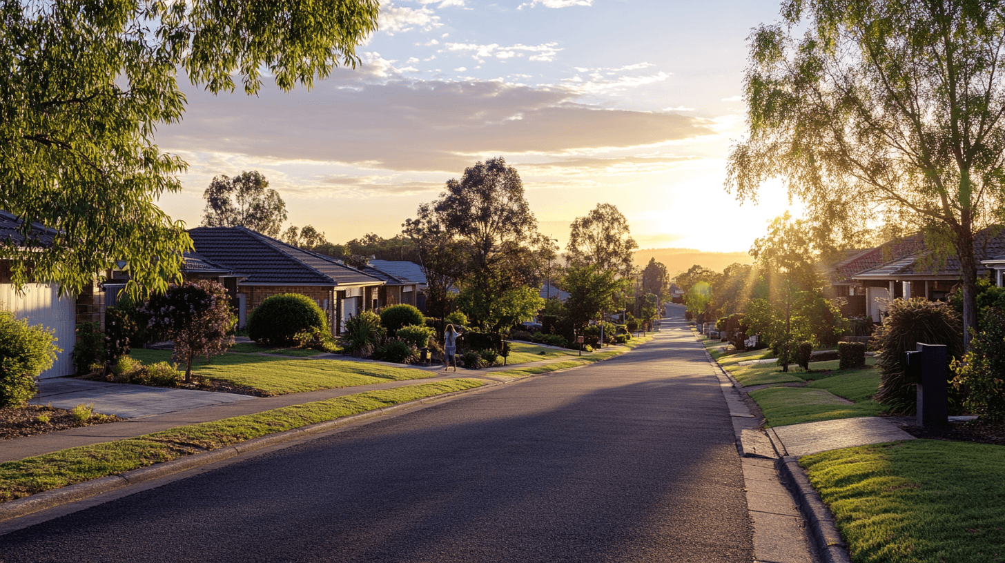 A serene suburban street scene during golden hour in Drysdale showcasing lush greenery and cozy homes