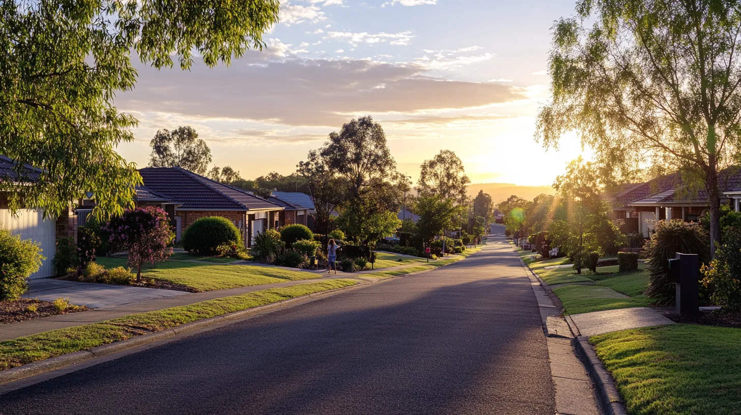 A serene suburban street scene during golden hour in Drysdale showcasing lush greenery and cozy homes