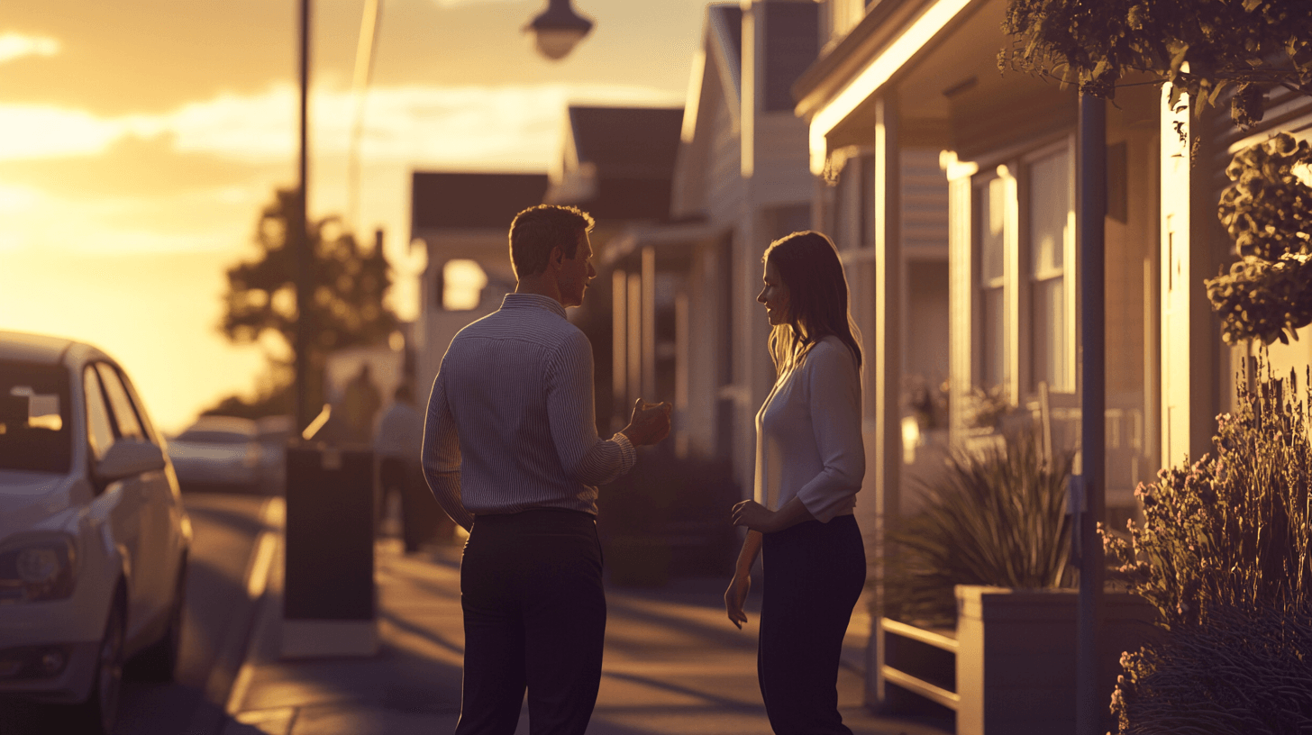 Real estate agent and potential buyer converse on a sunlit coastal street