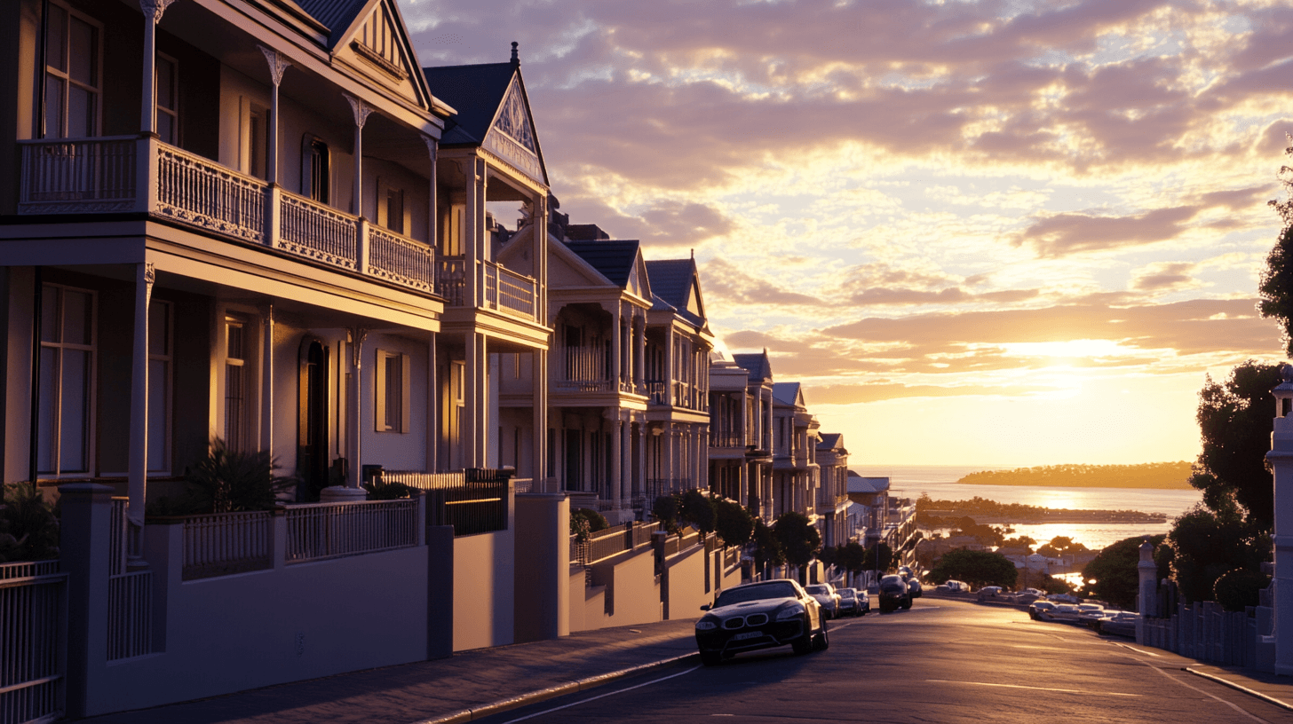 A street in Queenscliff VIC with heritage buildings and Port Phillip Bay visible at sunset