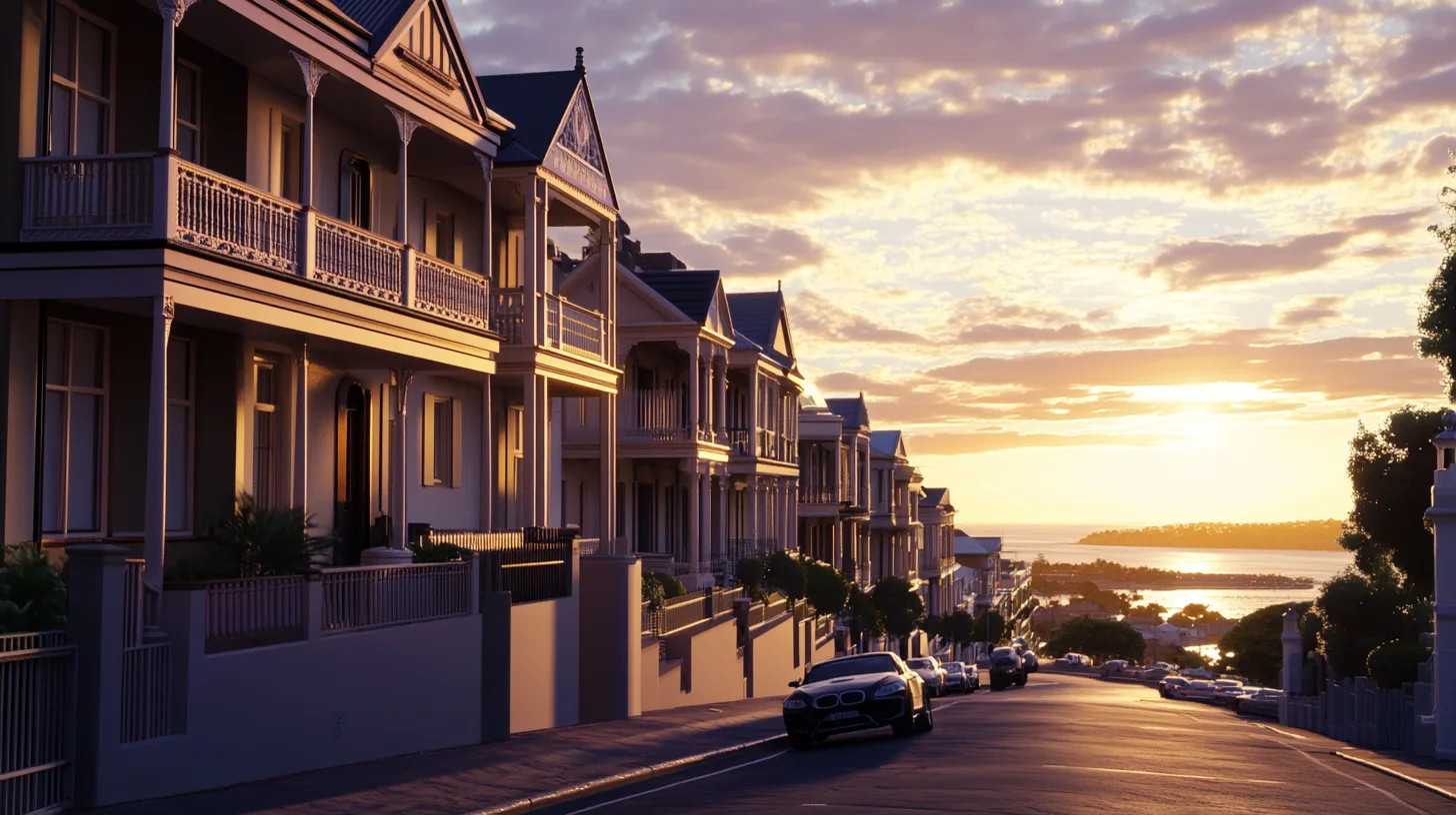 A street in Queenscliff VIC with heritage buildings and Port Phillip Bay visible at sunset