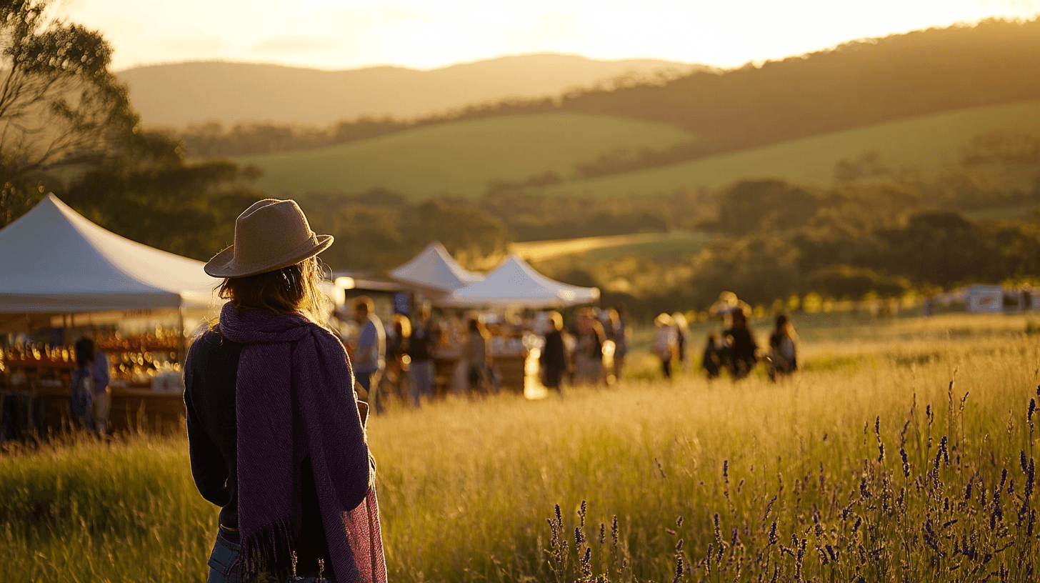 Patrons enjoy artisan cheeses and gourmet hampers with rolling hills backdrop