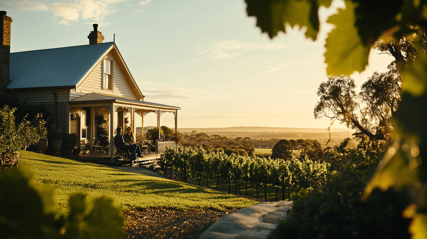 A couple enjoying wine tasting at Scotchmans Hill with a vintage farmhouse and vineyards