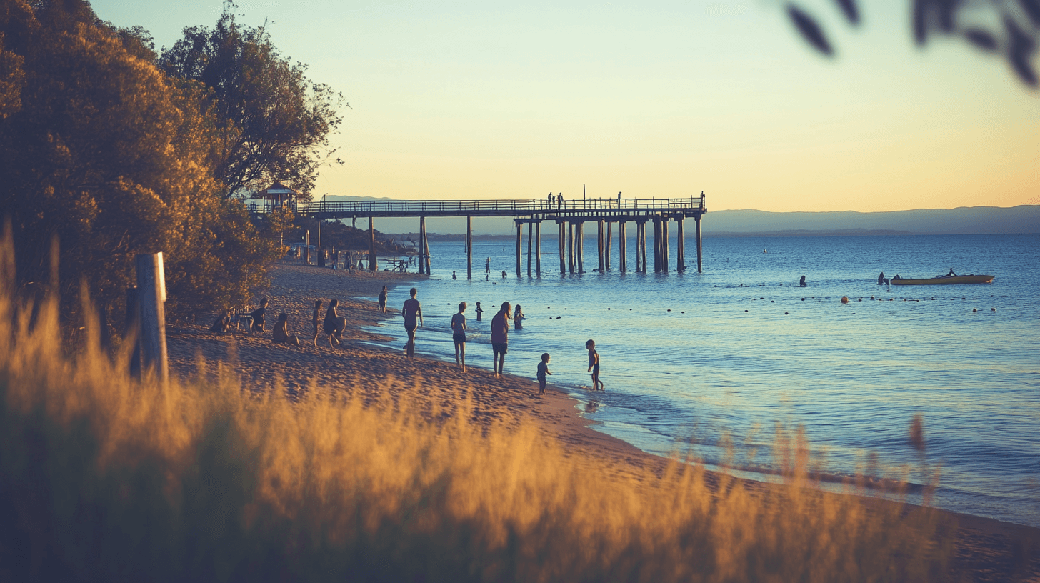 People strolling along Springs Beach with historic pier ruins during golden hour