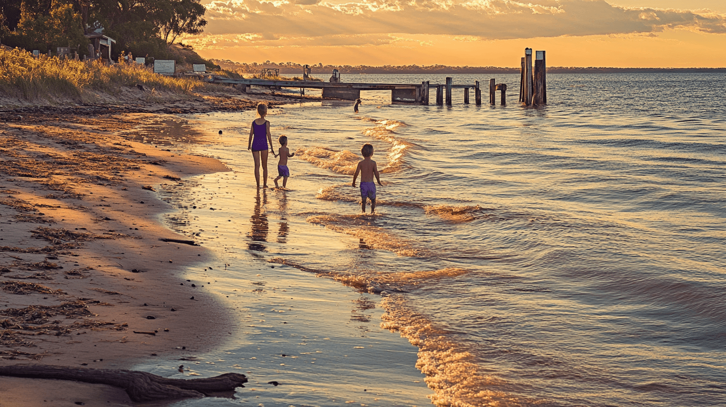A serene sunrise over Clifton Springs Beach with people strolling along the shoreline