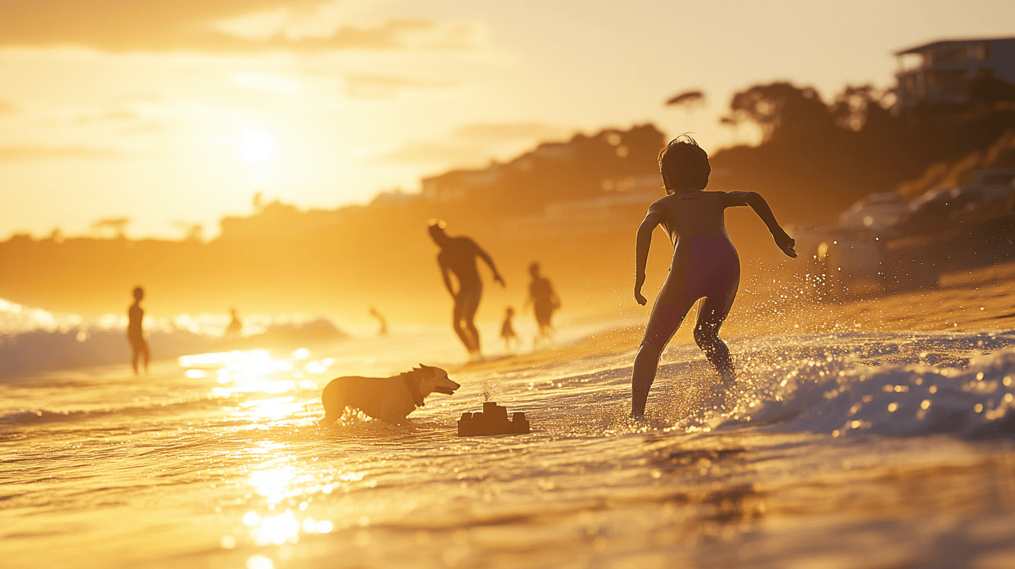 Families and surfers enjoy golden hour in Ocean Grove while a child builds a sandcastle and a dog leaps through waves