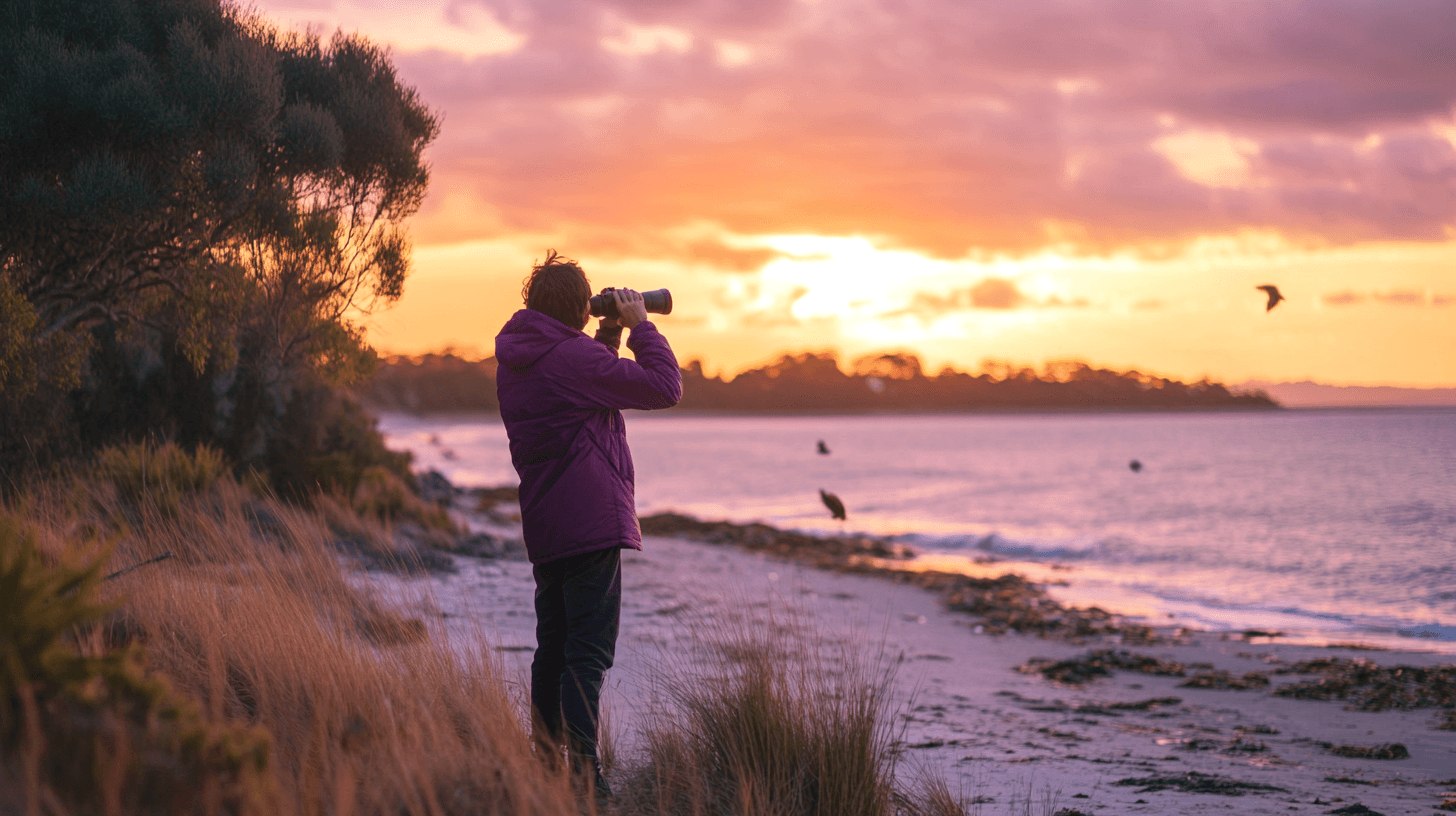 A birdwatcher in a deep purple jacket looks through binoculars at sunset on a quiet beach