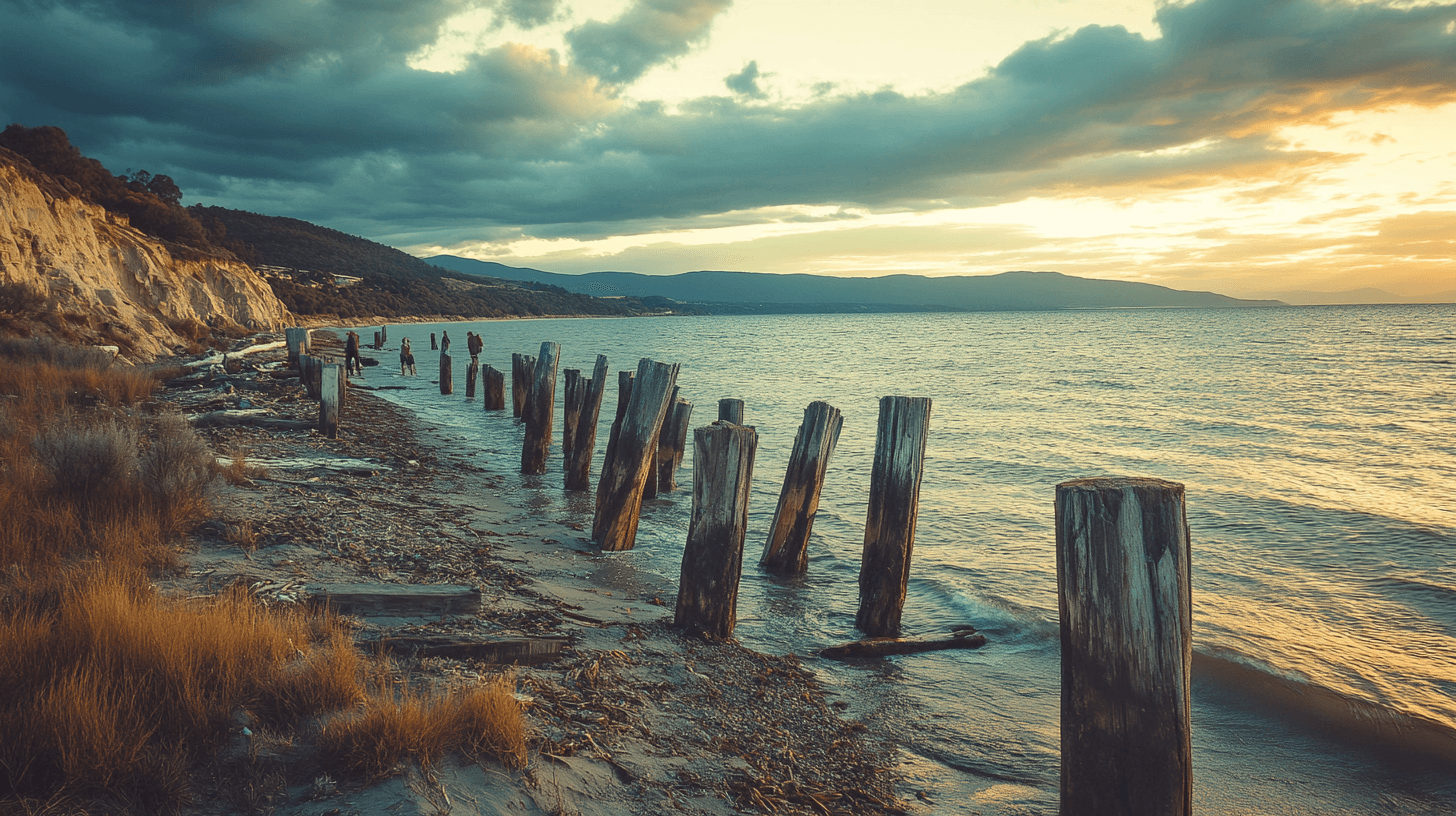 A family explores weathered timber pylons on a tranquil beach at golden hour