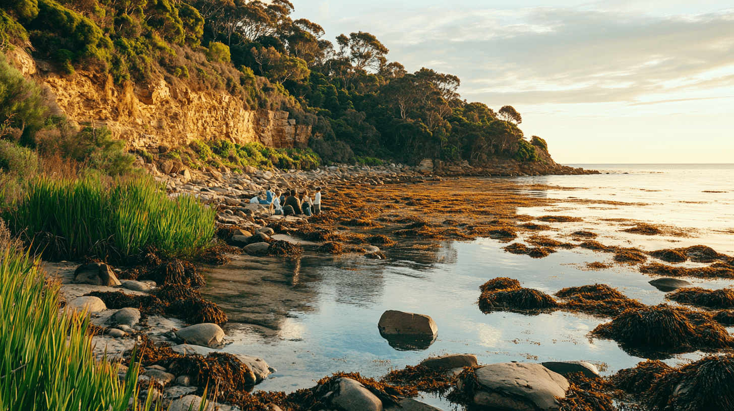Families enjoying a picnic at The Dell Picnic Ground with children paddling in Port Phillip Bay's shallow waters
