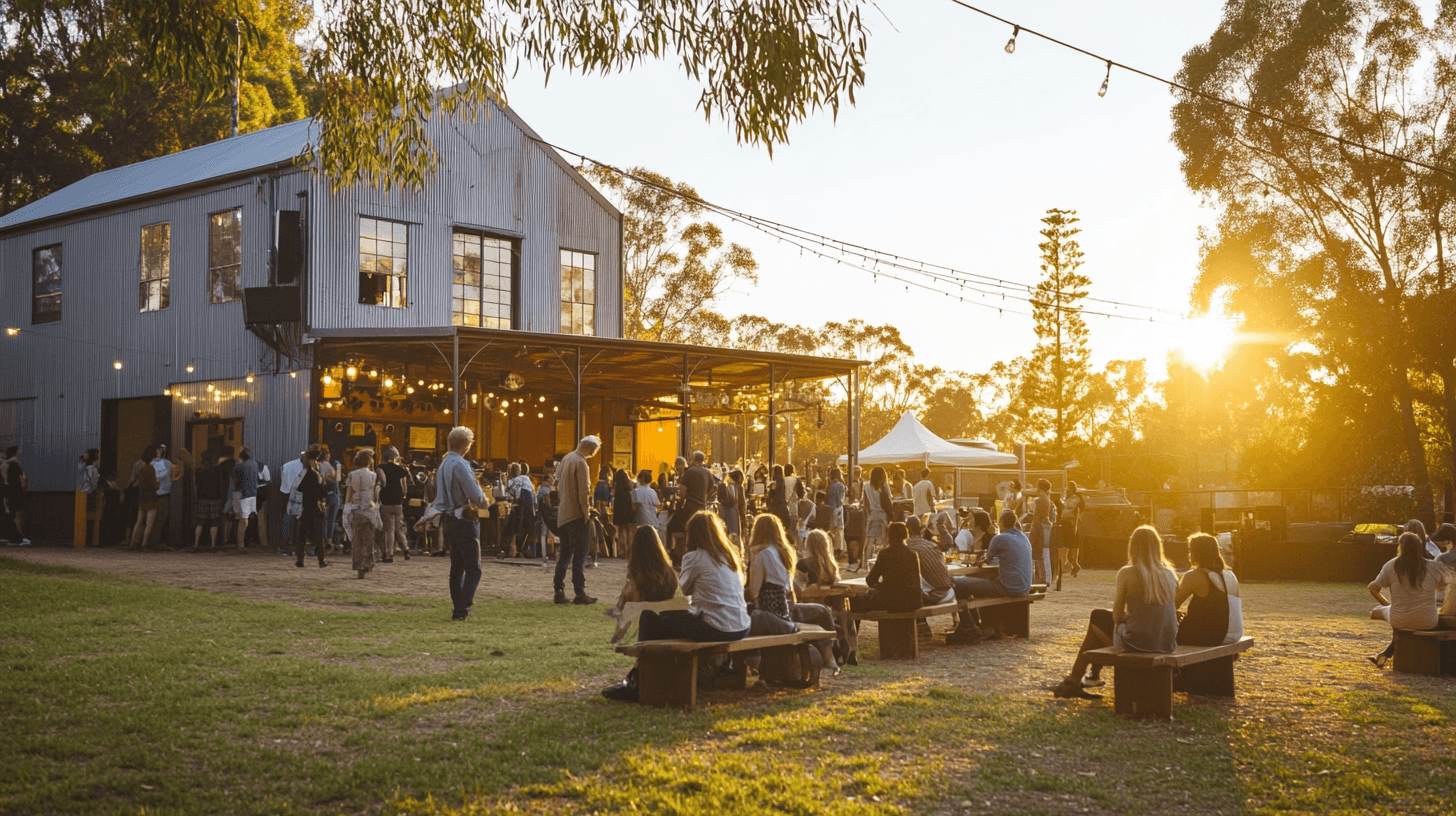 People enjoying a vibrant outdoor festival at The Potato Shed with unique architecture and warm lighting