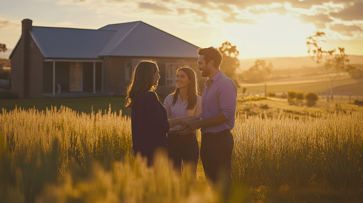 An agent in deep purple speaks with a couple at an open house in a modern farmhouse in Mannerim
