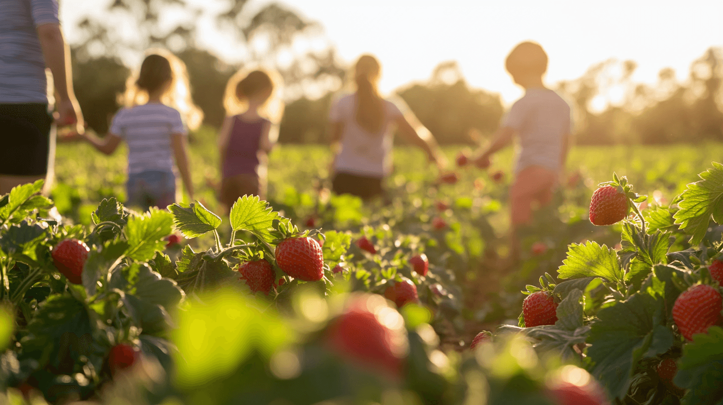 A lively scene of families picking strawberries in lush fields at Wallington Strawberry Farm during golden hour