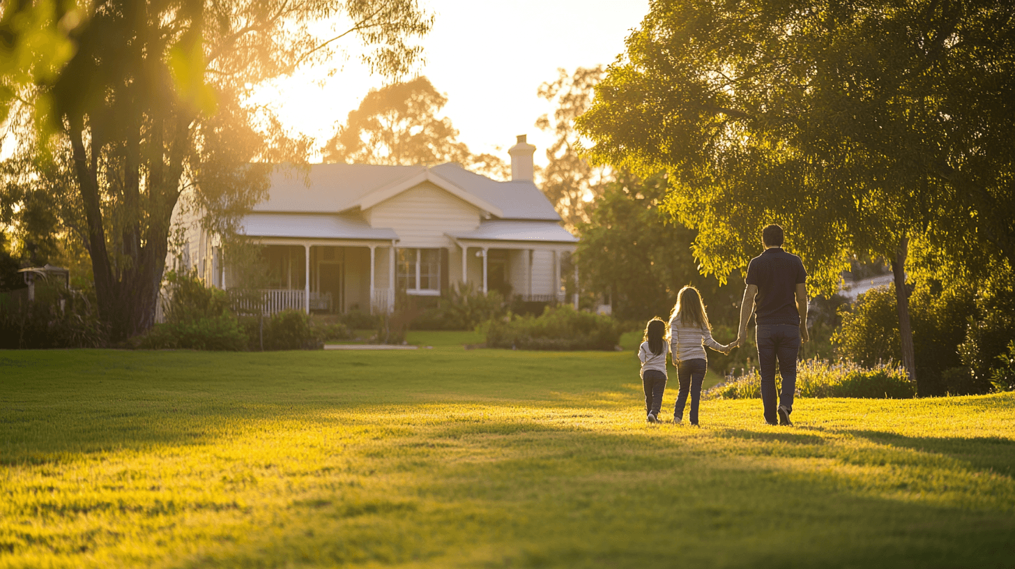 Family walking towards a colonial home on a lush property